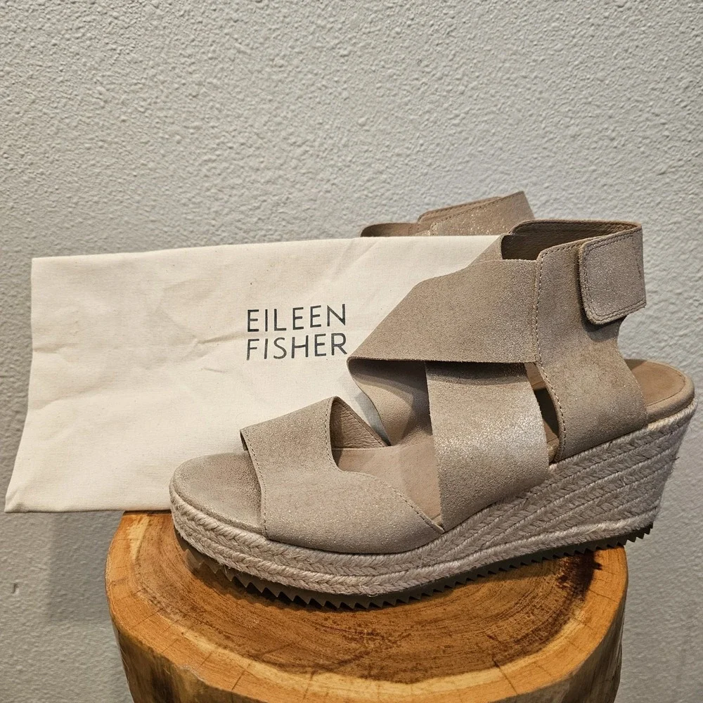 Eileen Fisher Willow Espadrille‎ Champagne Shimmer Wedge Heel READ Size 7.5